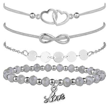 

Shining Diva Fashion Set of 4 Heart Love Charm Bracelet for Women and Girls (Grey) (10688b)