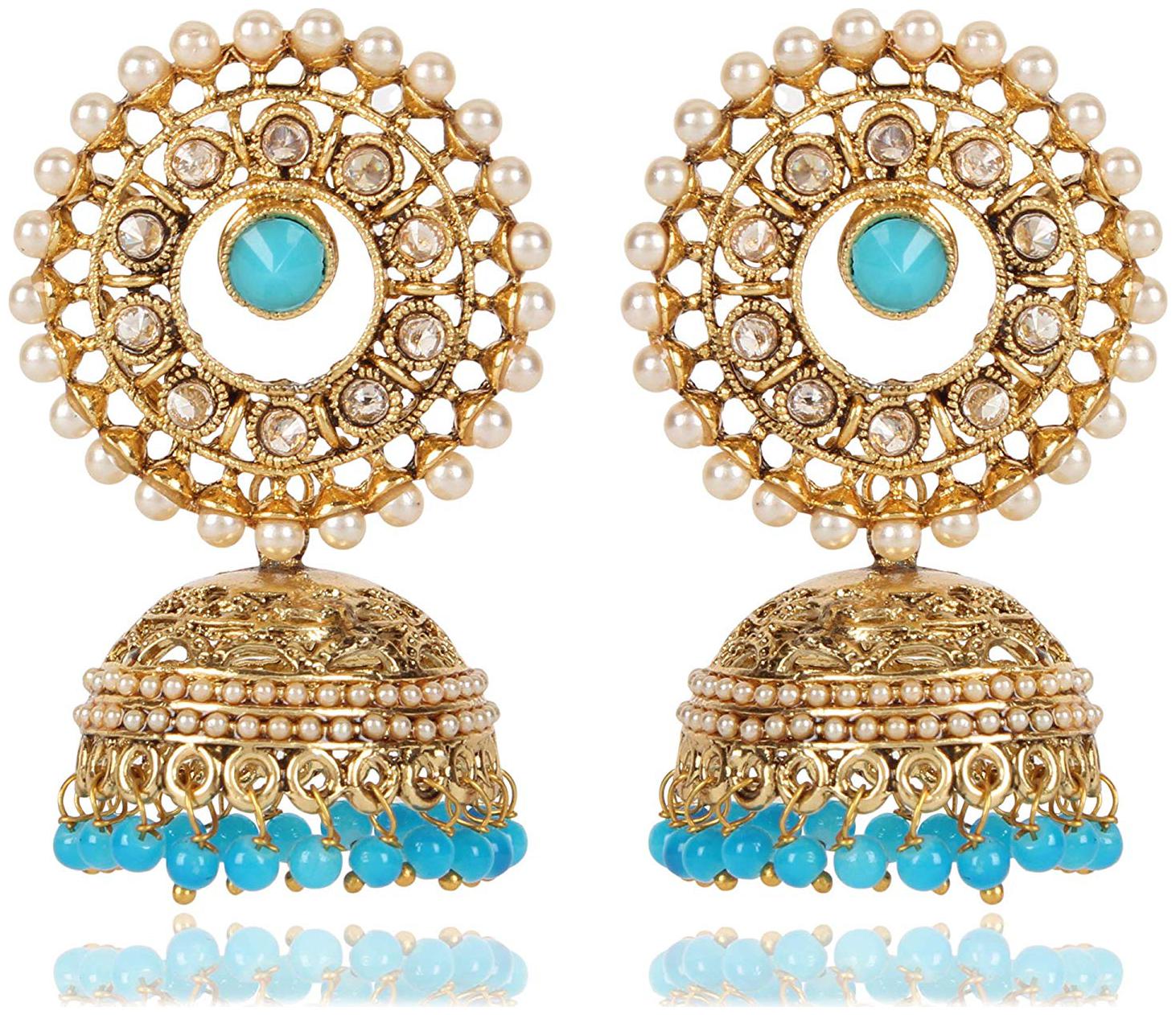 

Shining Diva Fashion Latest Design Stylish Traditional Party Wear Pearl Gold Plated Jhumki Earrings for Women and Girls (Blue)