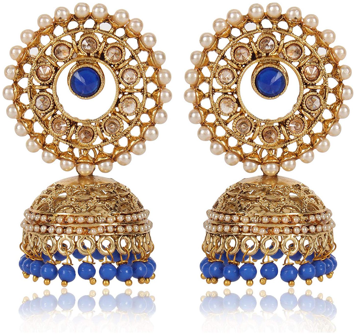 

Shining Diva Fashion Latest Design Stylish Traditional Party Wear Pearl Gold Plated Jhumki Earrings for Women and Girls (Dark Blue)