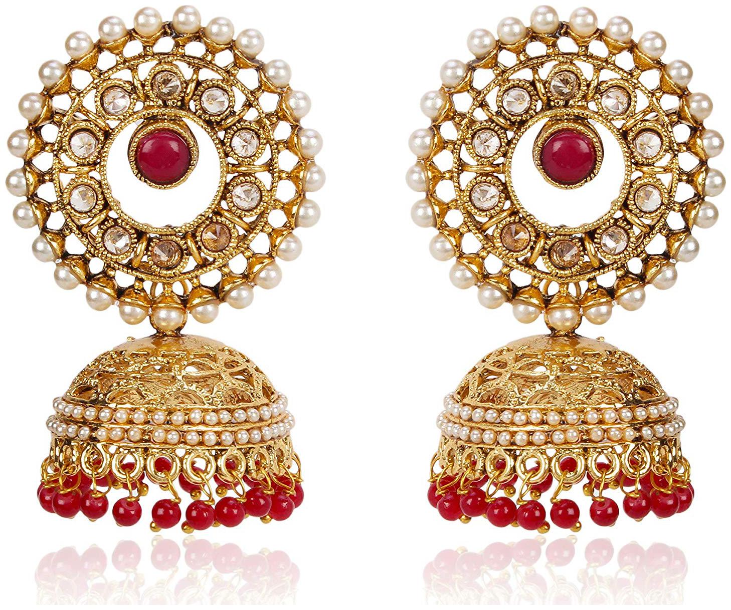 

Shining Diva Fashion Latest Design Stylish Traditional Party Wear Pearl Gold Plated Jhumki Earrings for Women and Girls (Red)