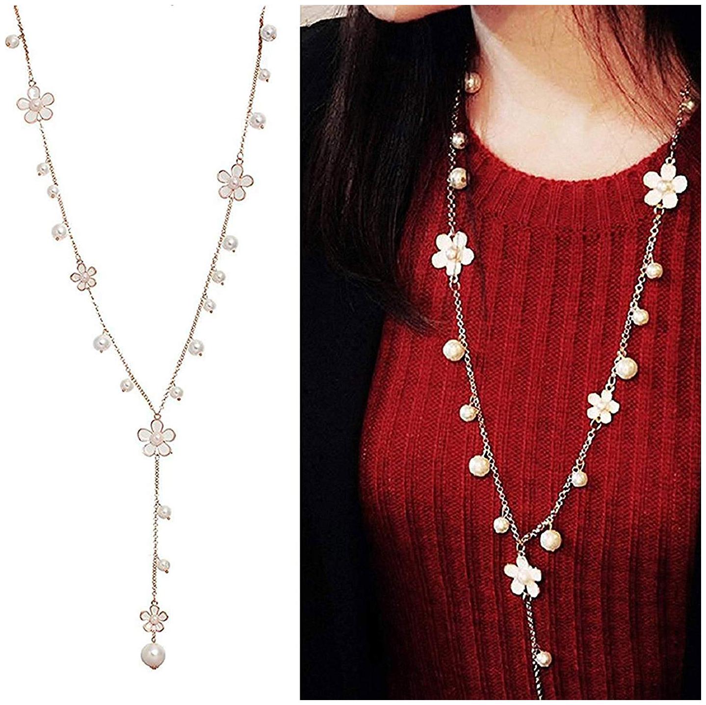 

Shining Diva Fashion Jewellery Pearls n Florals Pendent Long Chain Pendant Necklace for Women and Girls