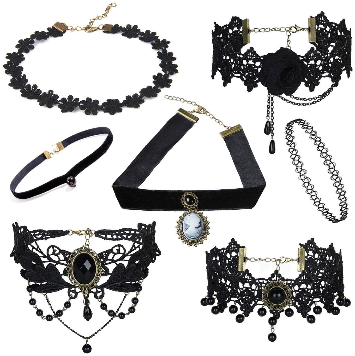 

Shining Diva Fashion Jewellery Black Lace 7 pc Combo Chokers Necklace Set for Women and Girls(cmb271)