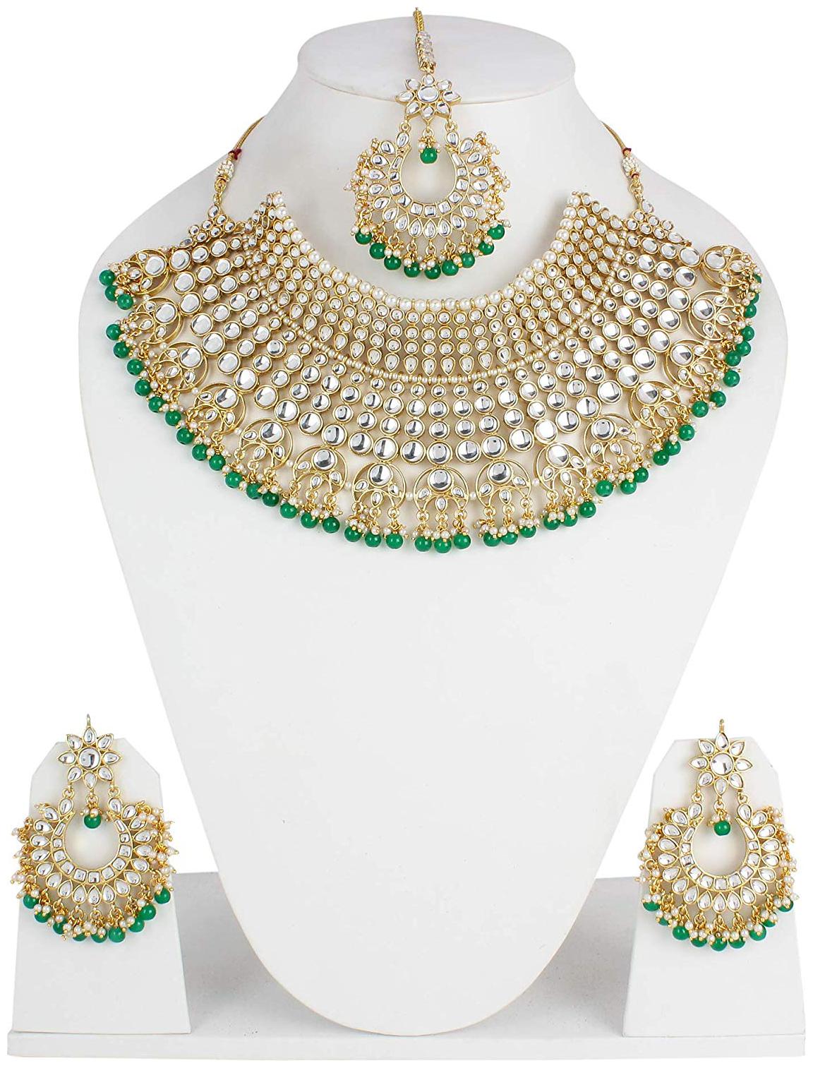 

Shining Diva Fashion Latest Kundan Design Choker Necklace Set for Women Bridal Traditional Gold Plated Jewellery Set for Women (Green)