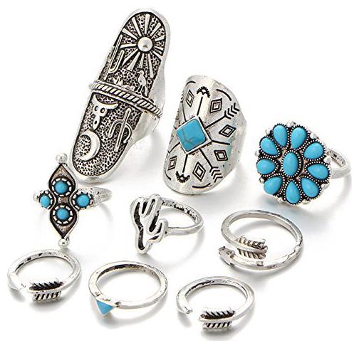 

Shining Diva Fashion Silver Bohemian Set of 9 Midi Finger Rings for Girls and Women