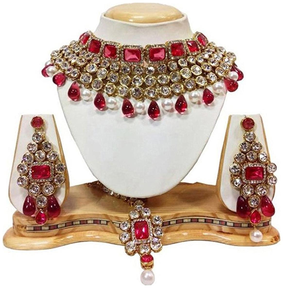 

Shining Diva Traditional Bridal Crystal Necklace Set Jewellery Set with Maang Tikka and Earrings for Women(Pink)(8029s)