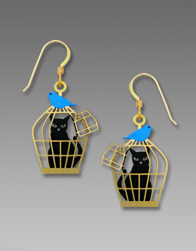 

Sienna Sky CAT in Cage with BLUEBIRD Earrings Brass Dangle Bird 1900 Box