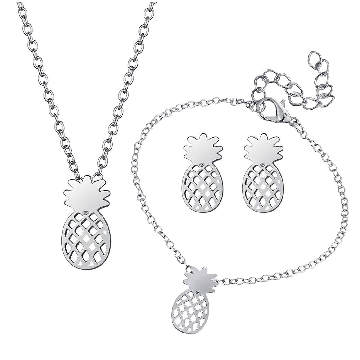 

Silver Pineapple Locket Charm Necklace Set