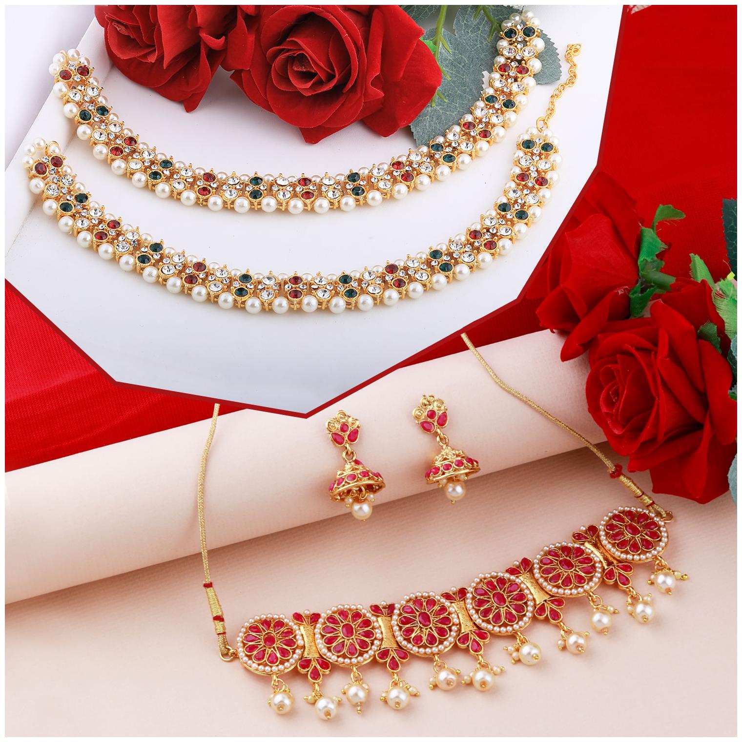 

Silver Shine Elegant Choker Set Fancy With Anklet For Women Girl