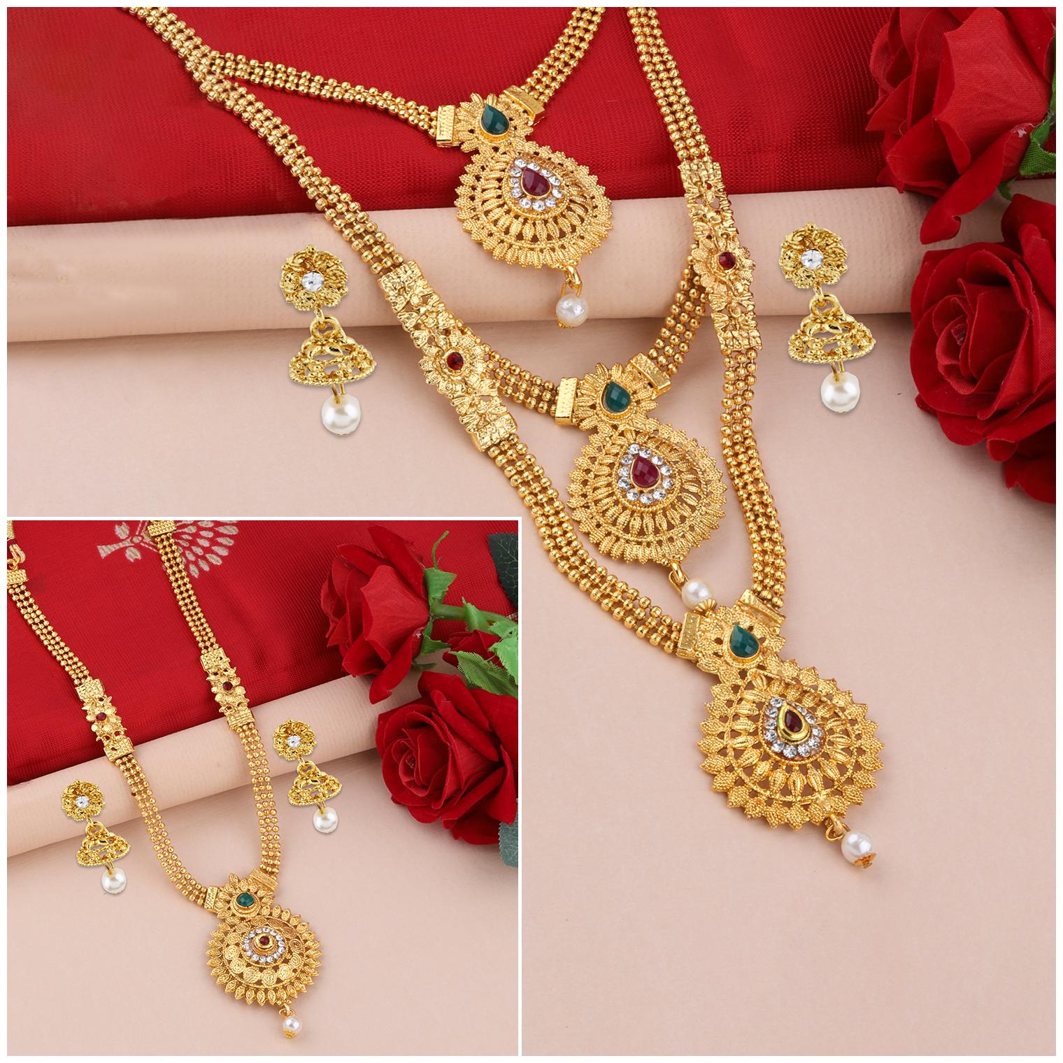 

SILVER SHINE Gold Plated Traditional Designer Long Set Combo For Women