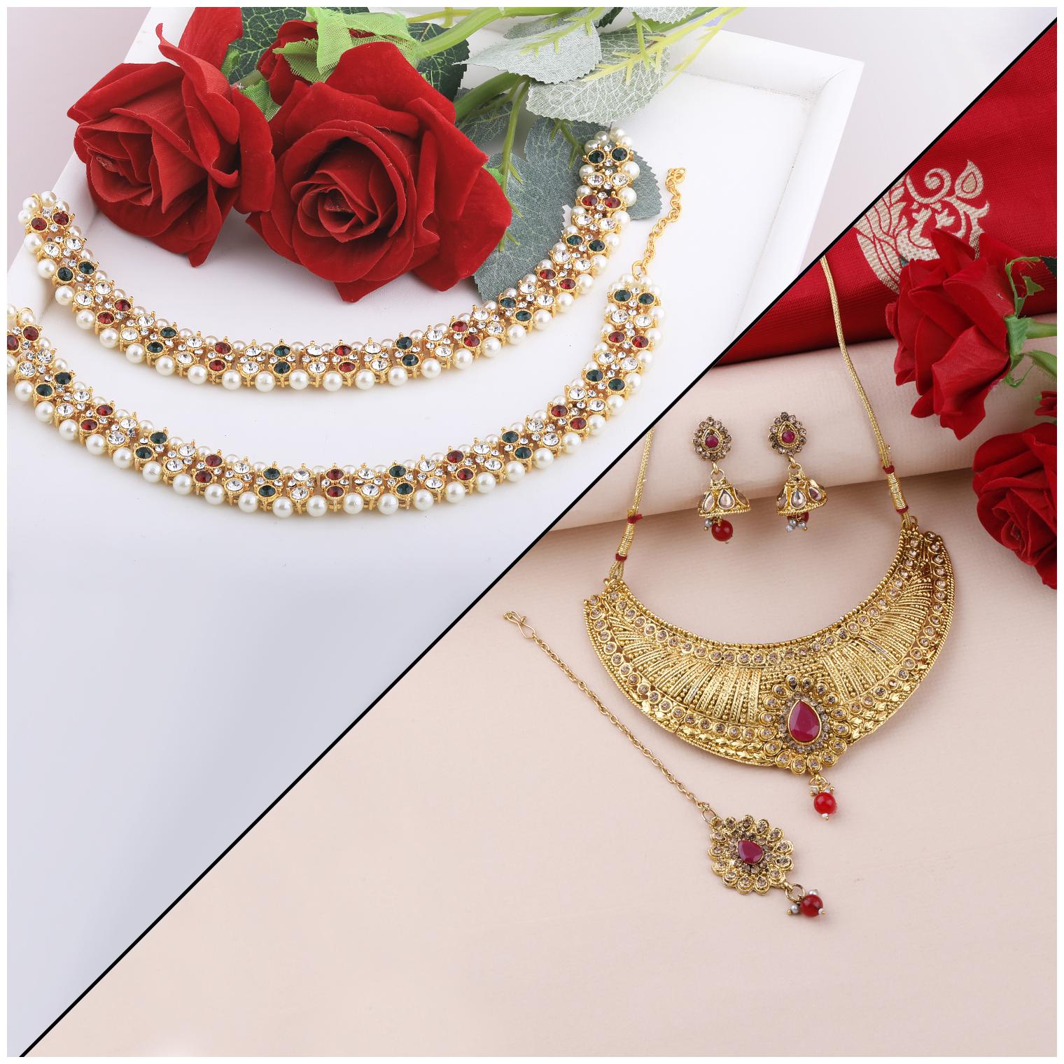 

Silver Shine Designer Traditional Choker Set With Anklet For Women Girls
