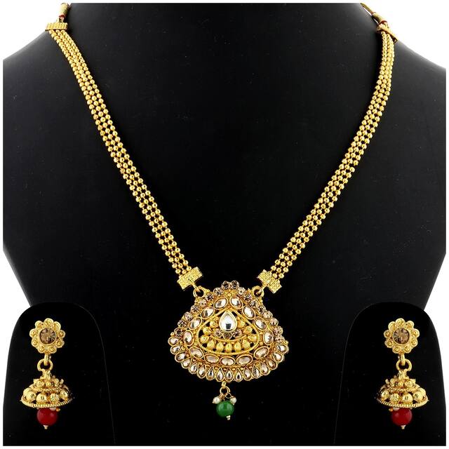 Silver Shine Gold Plated Long Set Three Line Chain Red And Green Hanging Jewellery For  Women And Girls