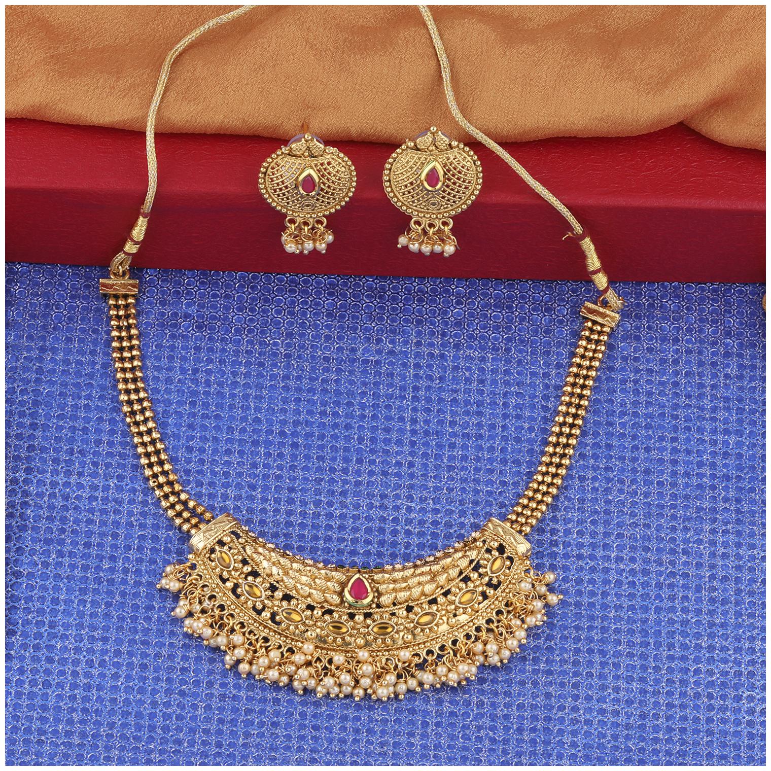 

Silver Shine Traditional Gold Plated Unique self textured Red and Green Kundan stone studded multi Bead Drop Designer Wedding Necklace Jewellery set for Girls and Womens
