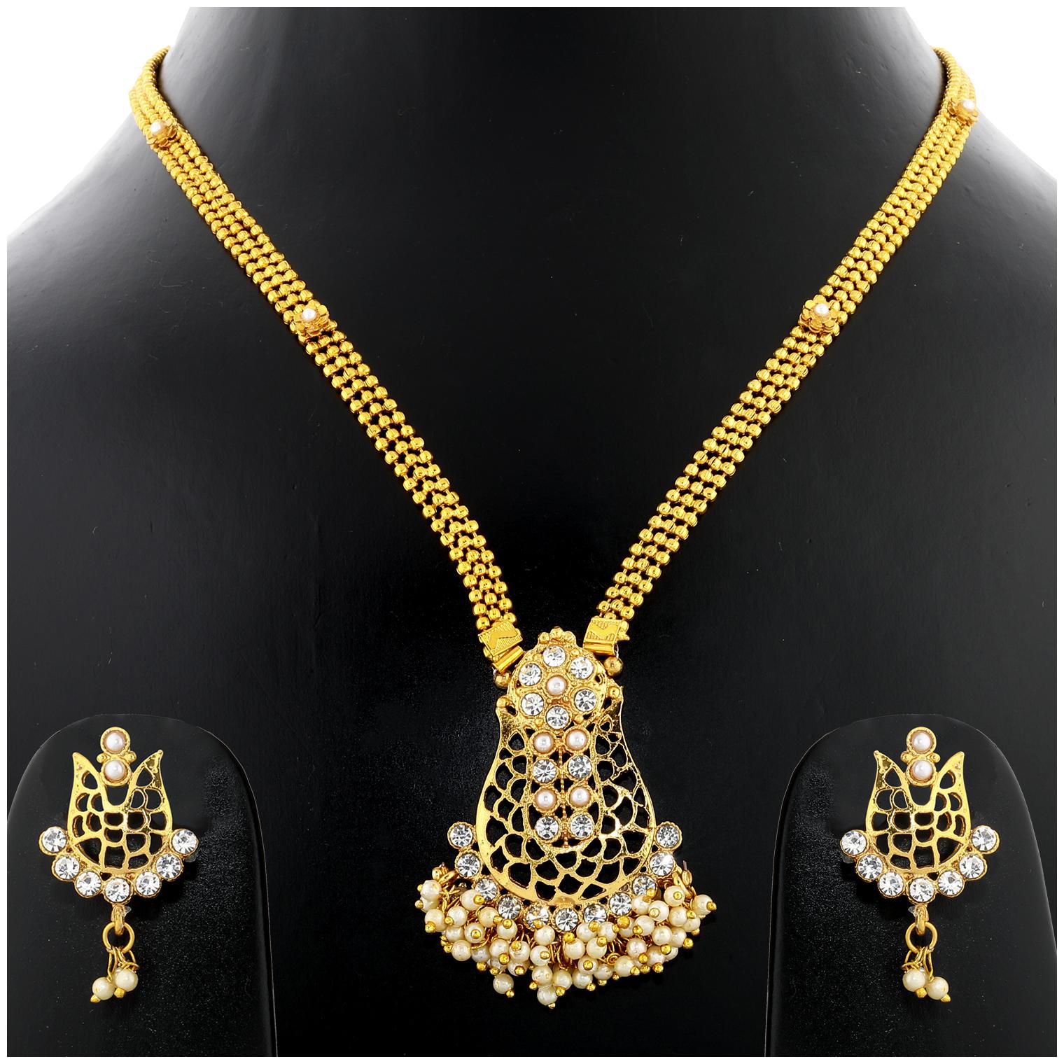 

Silver Shine Traditional Gold Plated Ethnic white Diamond And Bead Studded Jali type Three Line Chain Type Multi bead Drop Designer Long Necklace wedding Jewellery set for Girls and women