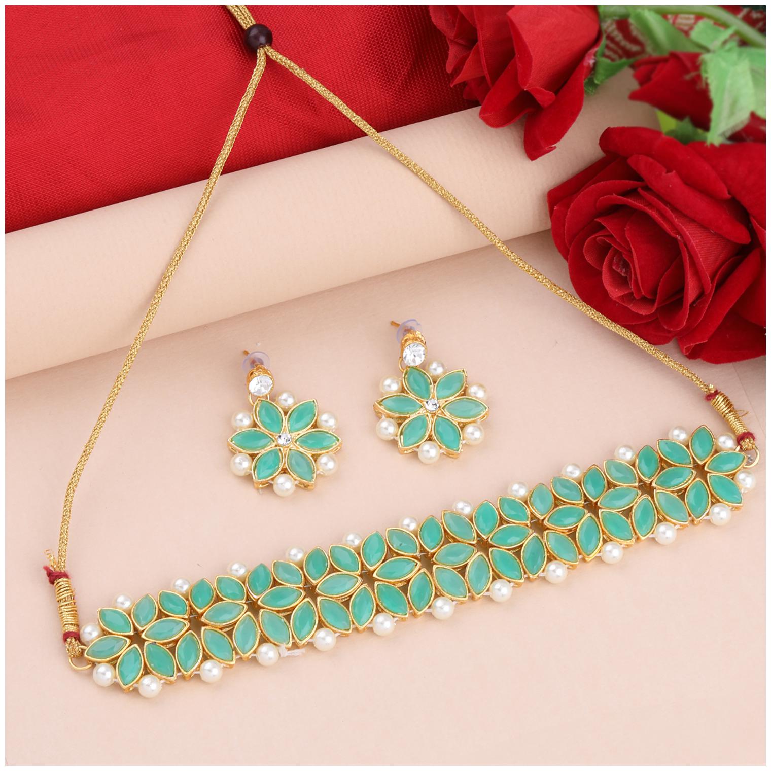 

SILVER SHINE Gold Plated Exclusive Green Stone Choker Set For Girls And Women