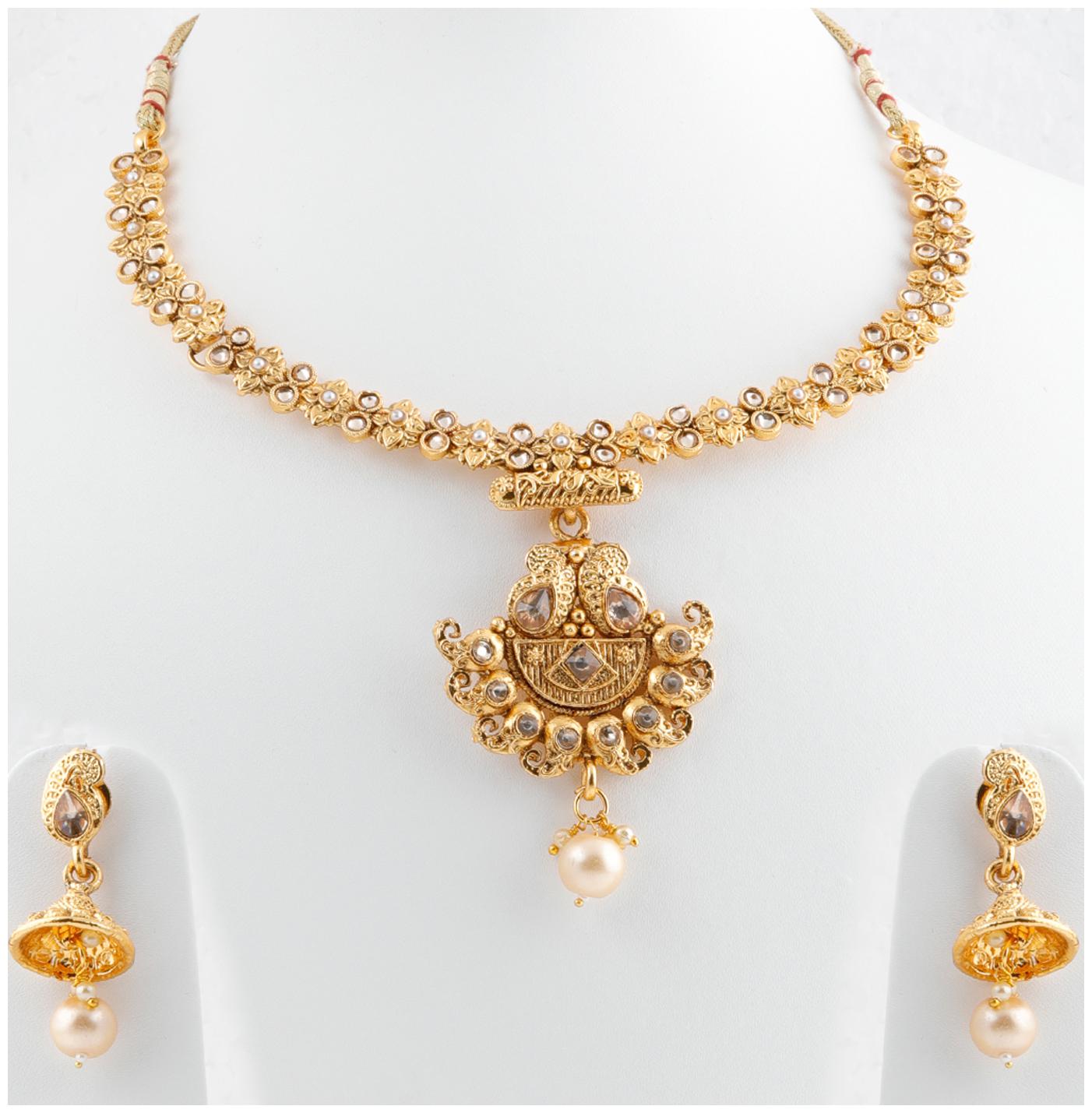 

Silver Shine Unique Gold Plated Traditional Diamond Studded Royal Design Pearl Drop Designer Wedding Necklace jewellery set for Girls And Women