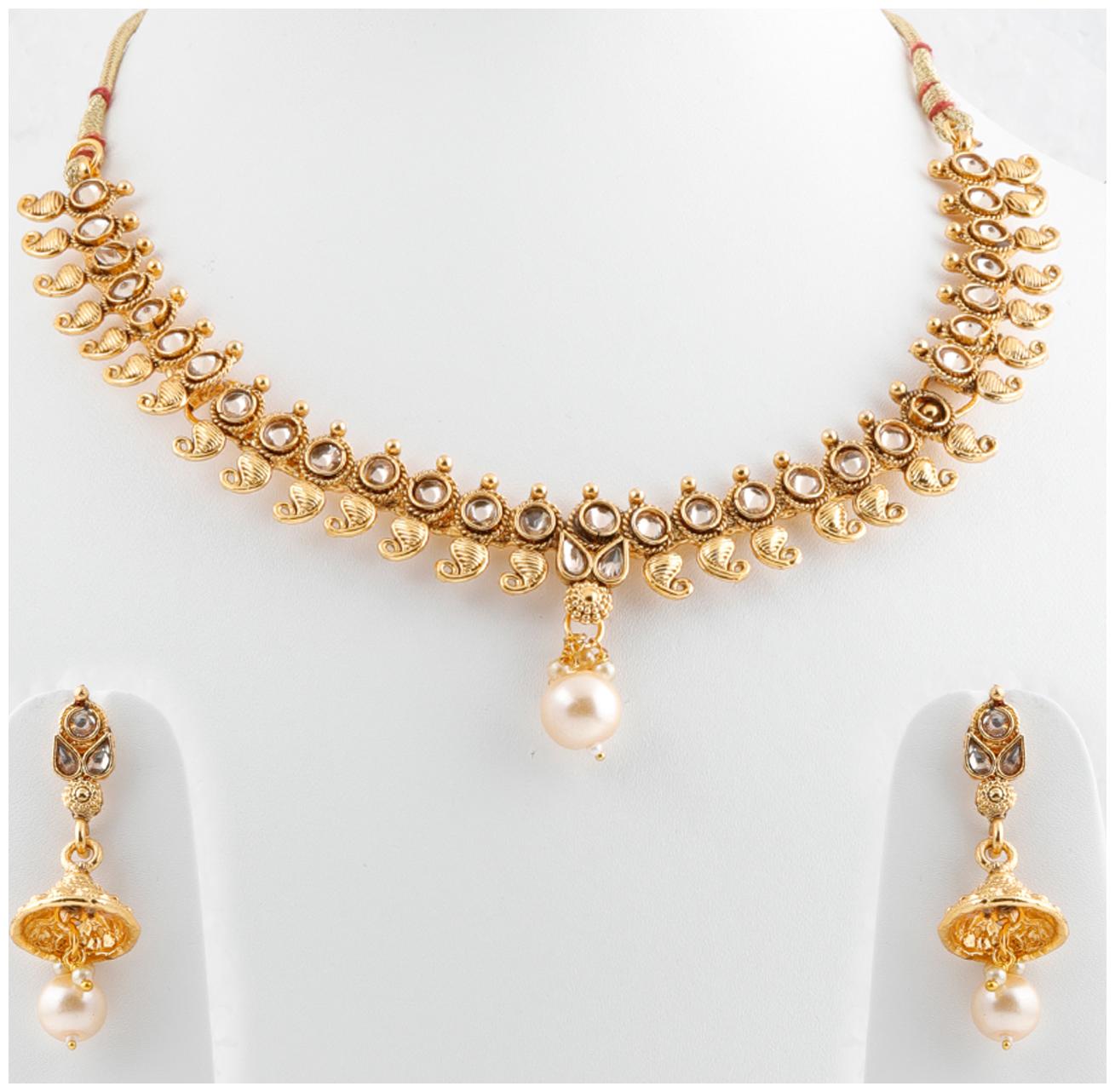 

Silver Shine exlusive Gold plated Traditional Party Wear Diamond Studded Pearl Drop Designer Wedding Necklace jewellery set for Girls And Women