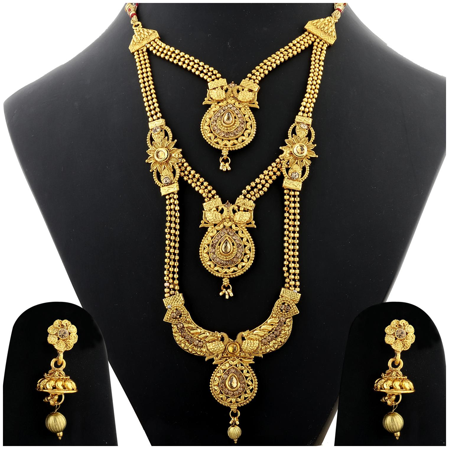 

Silver Shine Traditional Gold Plated Ethnic Golden Kundan Stone Studded Triple Layer Three Chain Type Designer Long Bridal Wedding Jevellry Set For Girls and Women