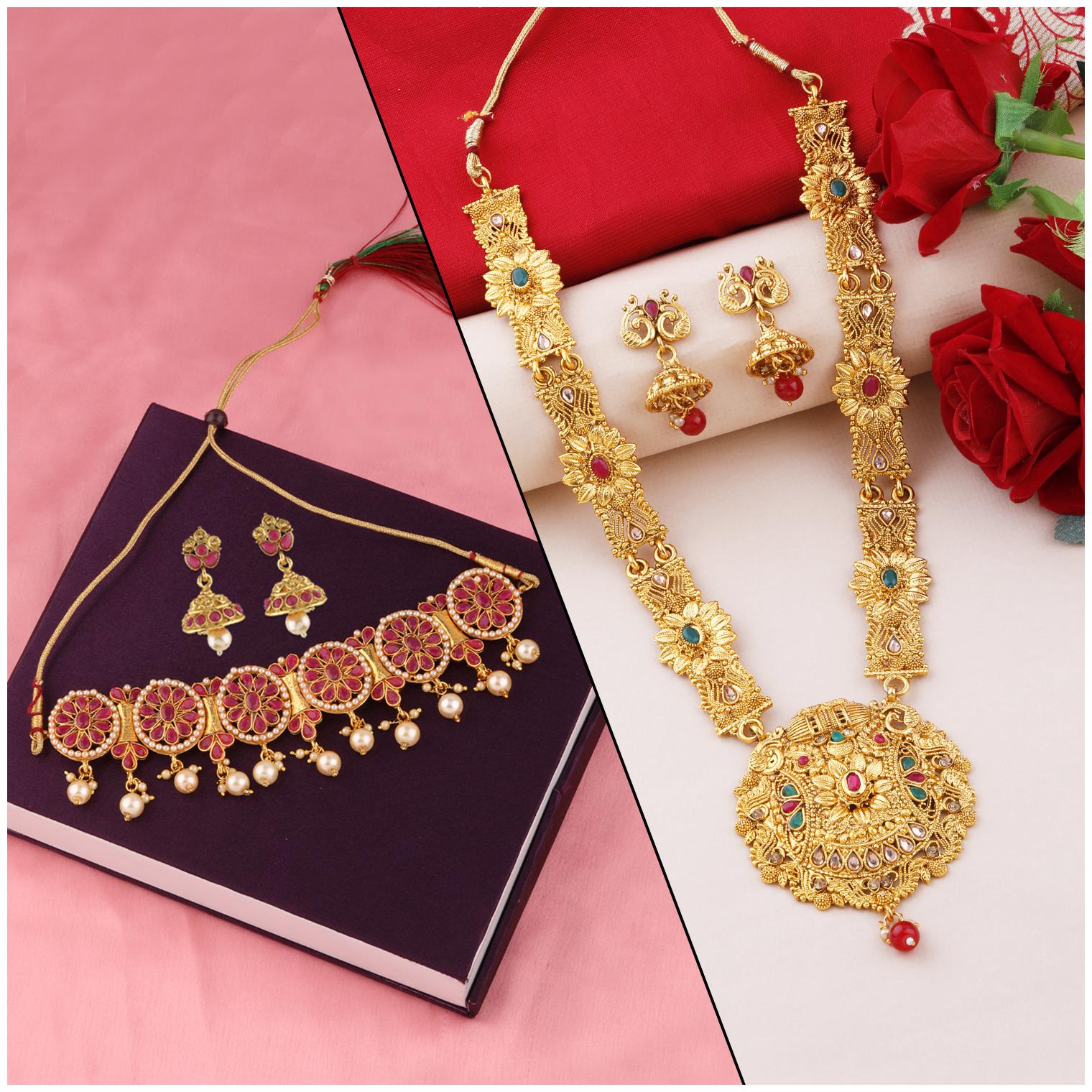 

Silver Shine Designer Gold Plated Necklace With Choker Set Traditional Jewellery Set For Women Girls