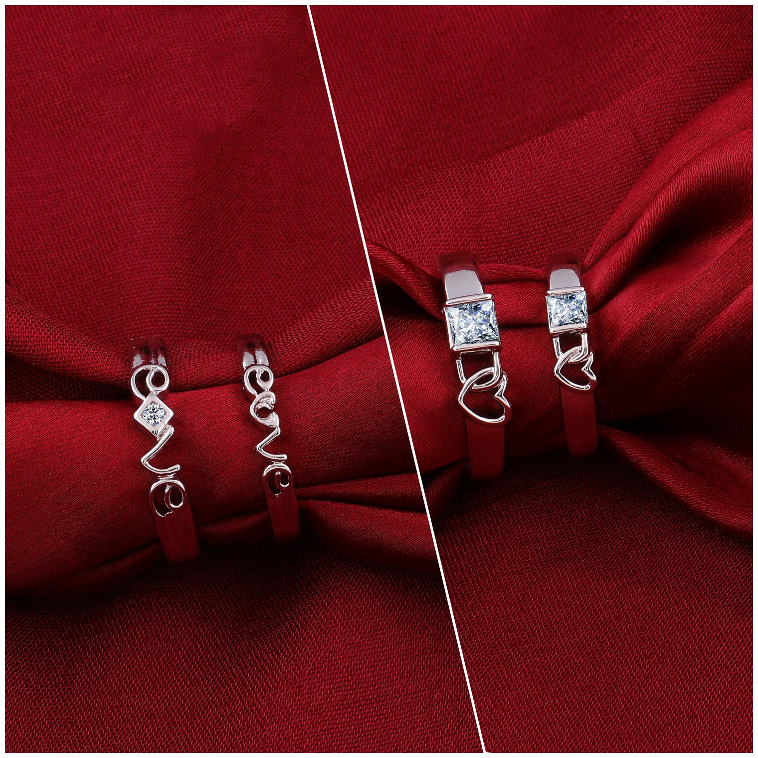 

Silver Shine Adjustable Party Wear Couple Rings Set for lovers Silver Plated Solitaire for Men and Women 2 Pair
