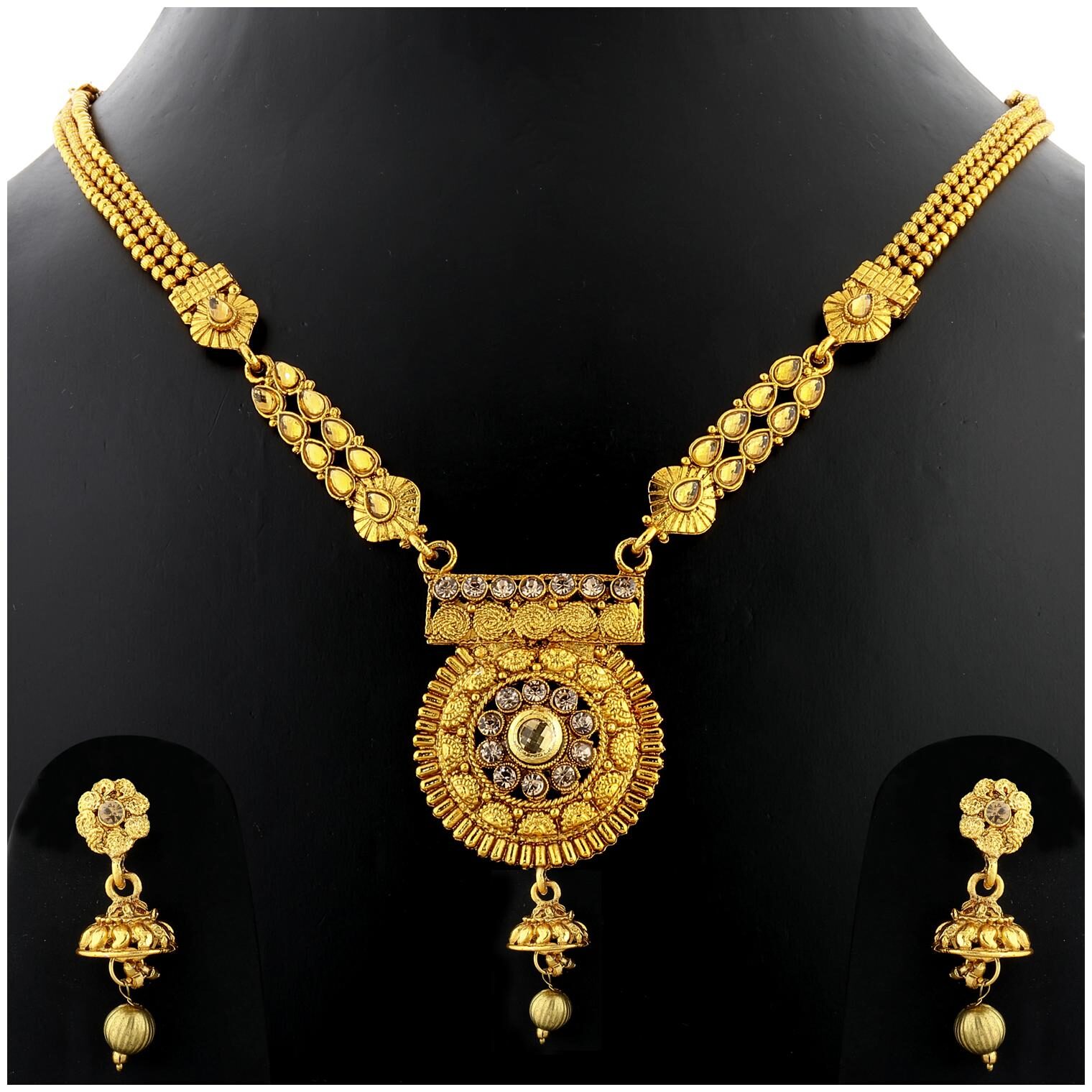 

Silver Shine Exclusive Gold Plated Traditional Three Line Chain Round Shape Stone Studded Long Necklace Set Jewellery For Women And Girls
