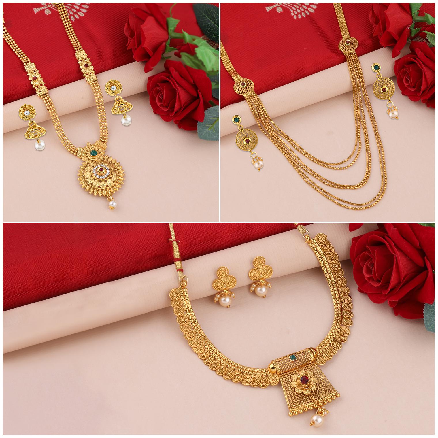 

SILVER SHINE Gold Plated Traditional Designer Long Set Combo For Women