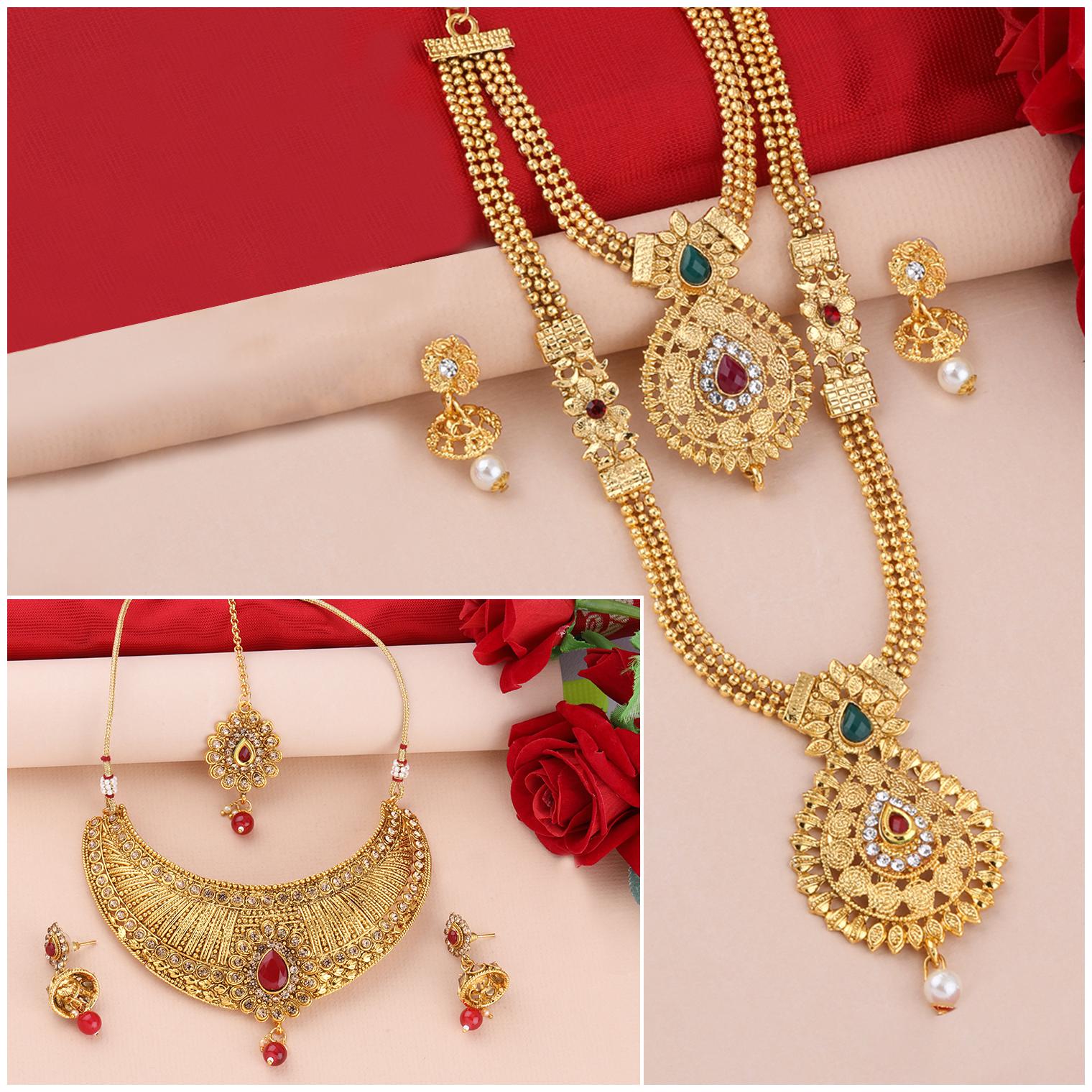 

SILVER SHINE Gold Plated Traditional Designer Long Set Combo For Women
