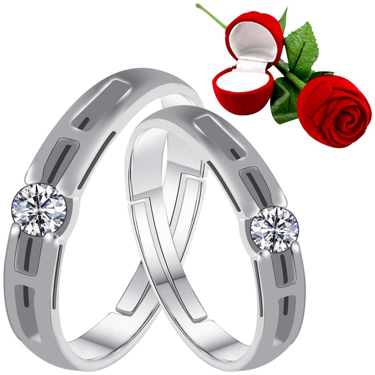 

Silver Shine Silver Plated Adjustable Couple Ring with Red Rose Gift Box for Men and Women