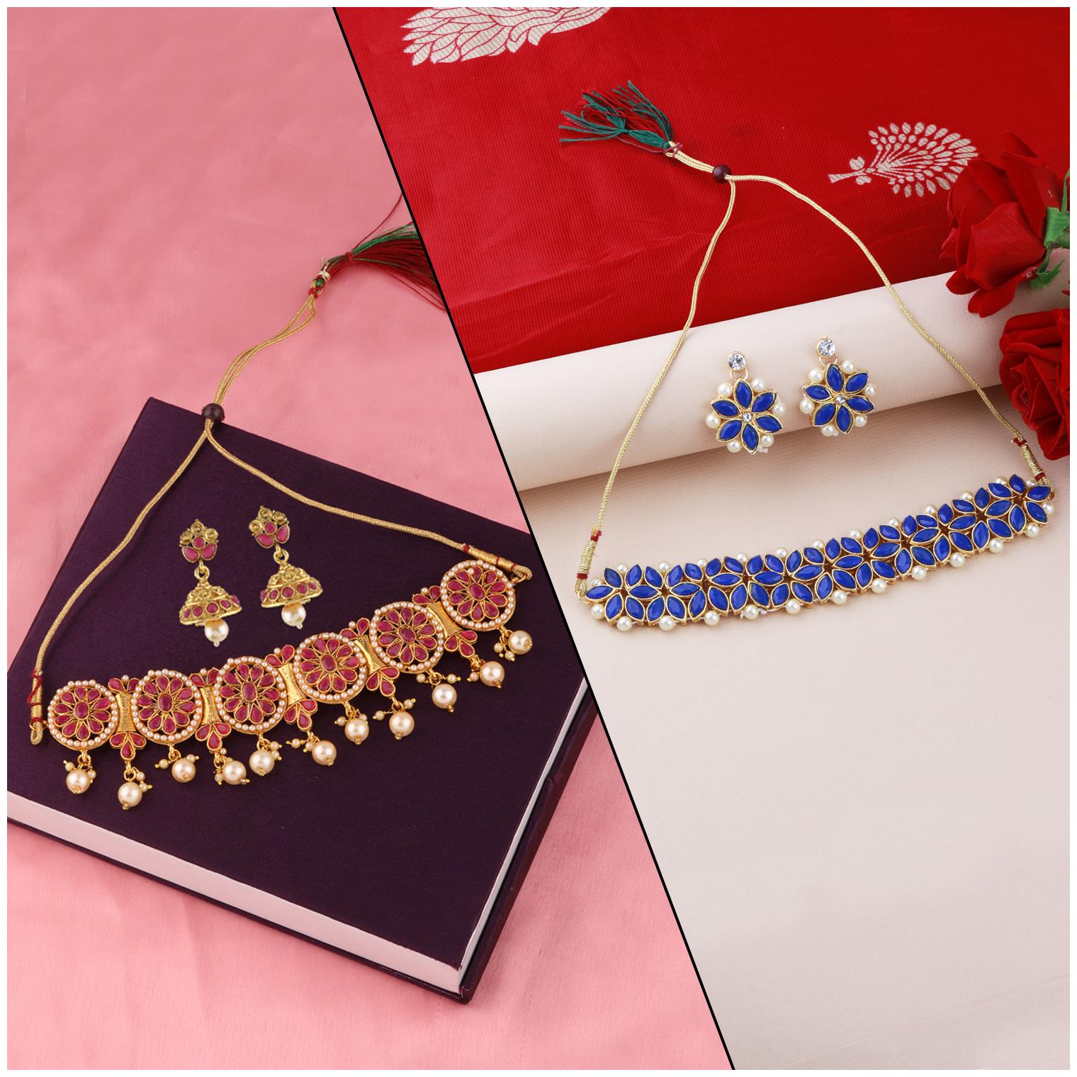 

Silver Shine Designer Stylish Look Gold Plated Choker Set Traditional Necklace Jewellery Set For Women Girls