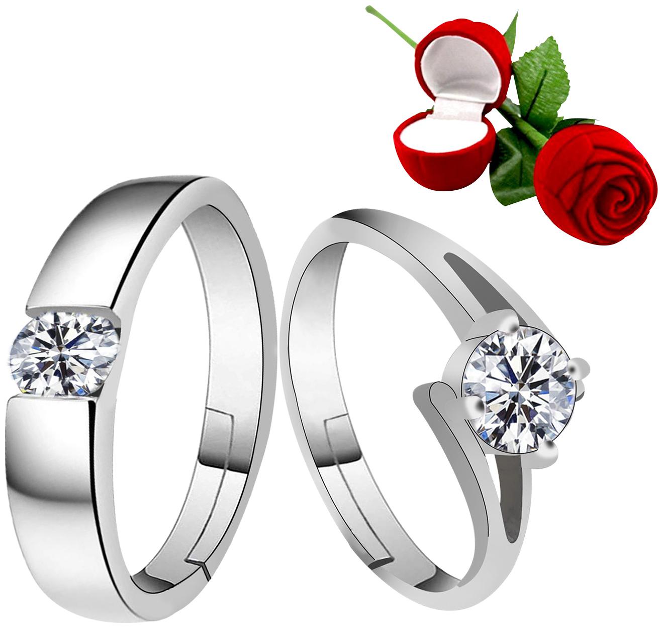 

Silver Shine Silver Plated Adjustable Couple Ring with Red Rose Gift Box for Men and Women