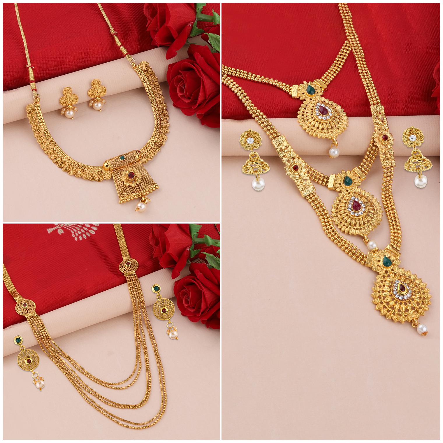 

SILVER SHINE Gold Plated Traditional Designer Long Set Combo For Women