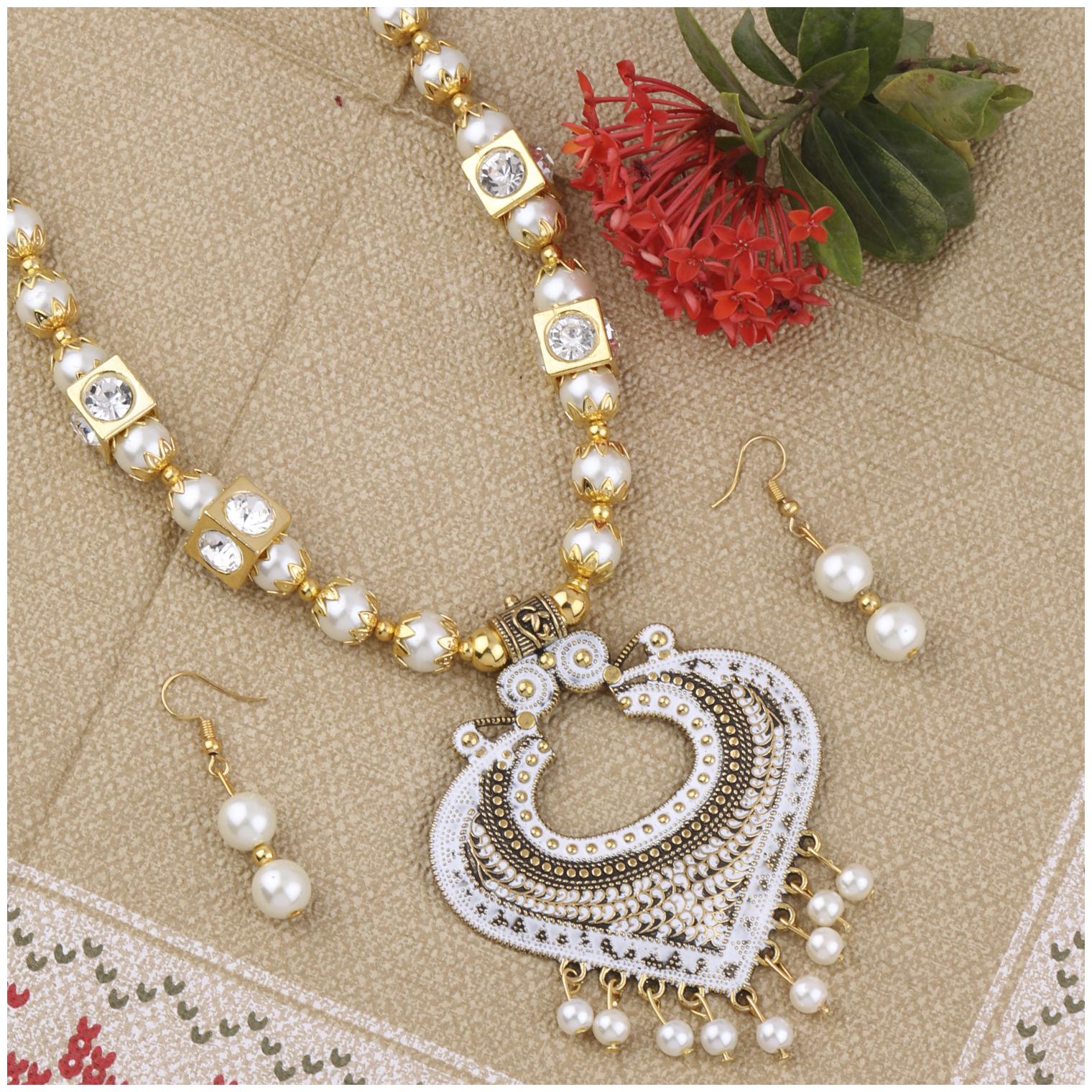 

SILVER SHINE Charm Party Wear Golden White Pear Pendant Set For Women Girl