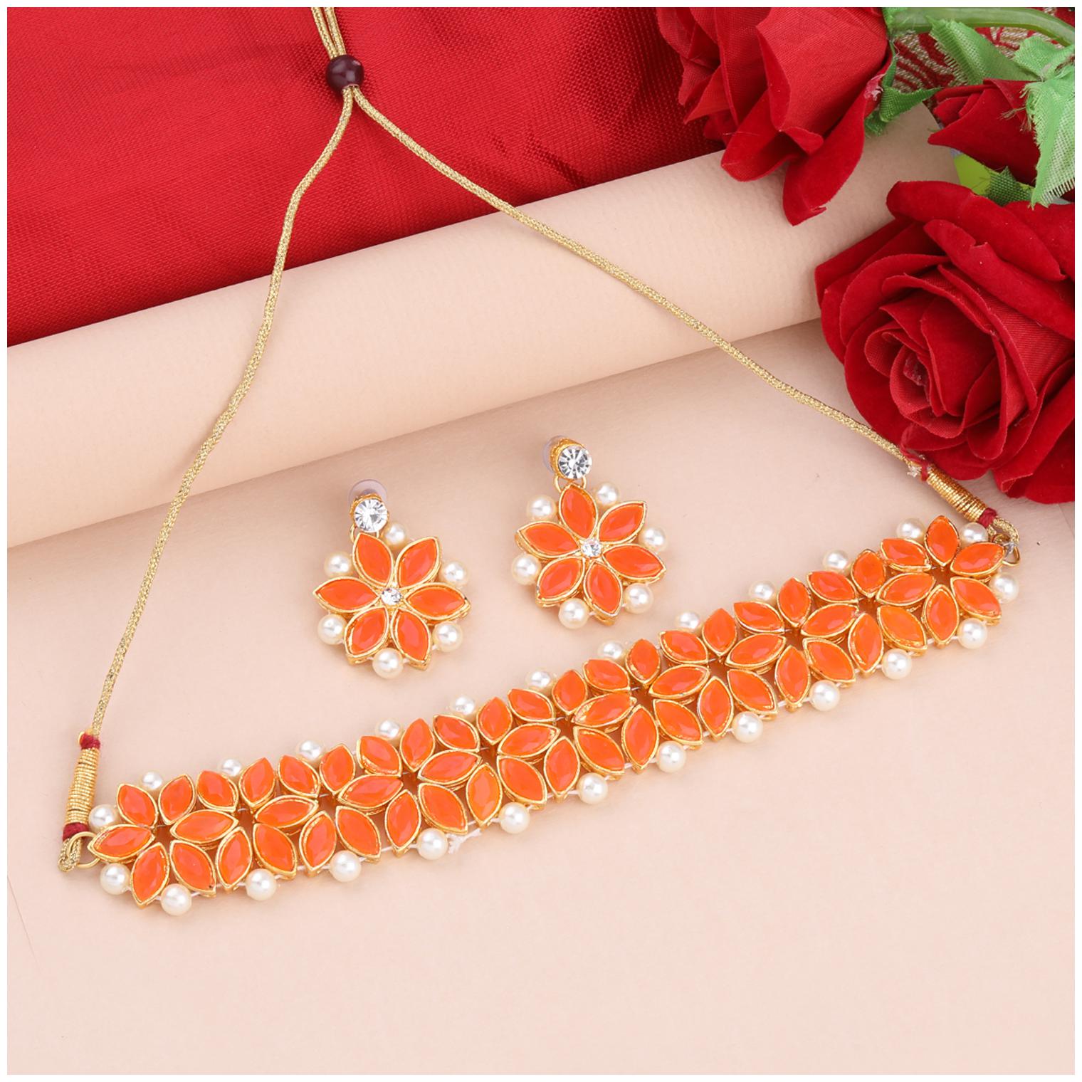 

SILVER SHINE Gold Plated Exclusive Orange Stone Choker Set For Girls And Women