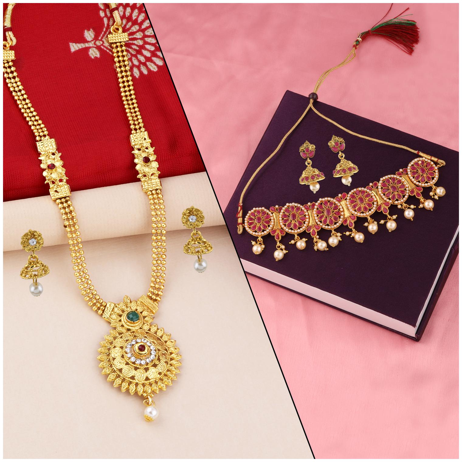 

Silver Shine Gold Plated Necklace With Choker Set Traditional Jewellery Set For Women Girls
