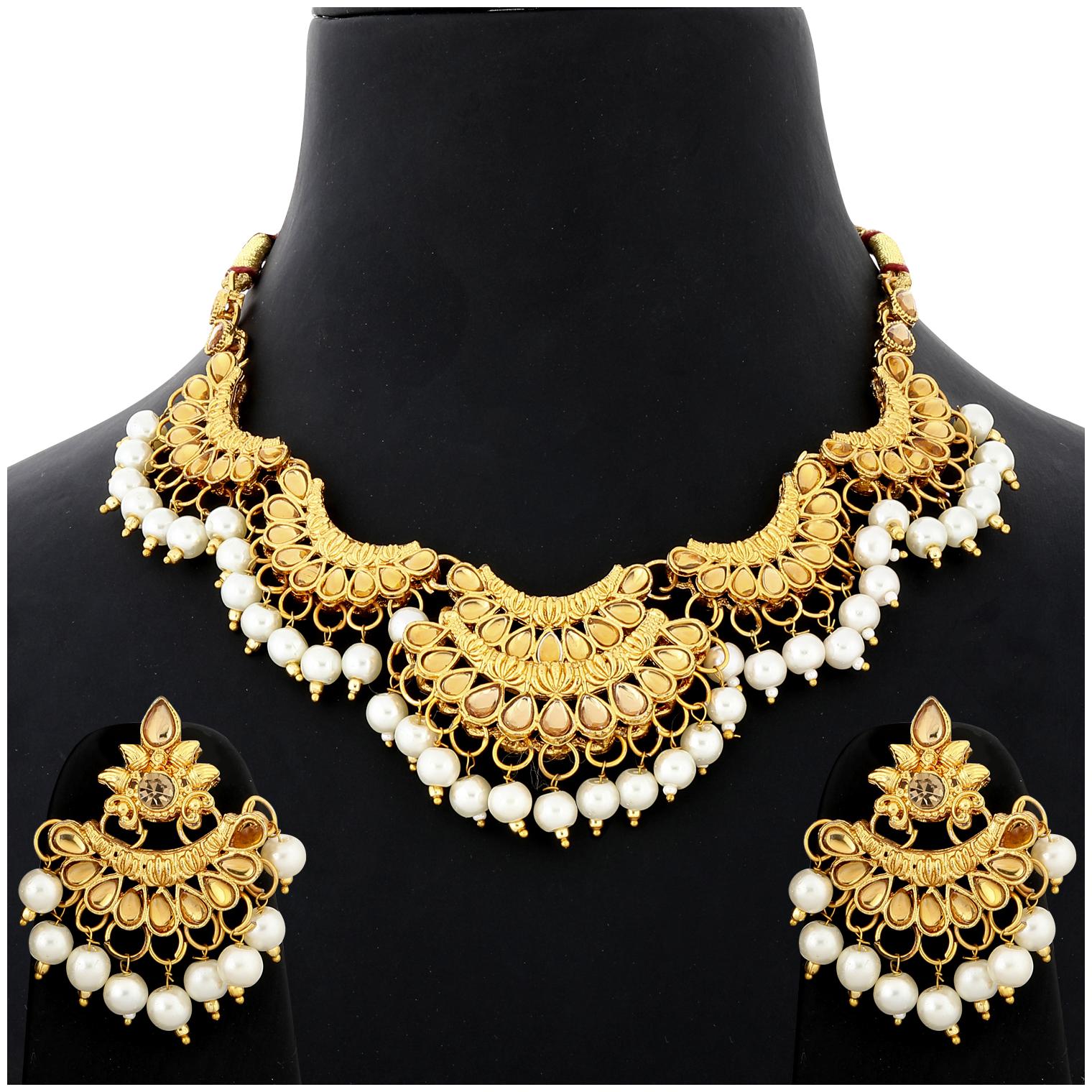 

Silver Shine Traditional Gold Plated Royal Queen Style Stone Studded Multi Pearl Drop Designer Bridal Wedding Necklace Jewellery Set for Girl And women