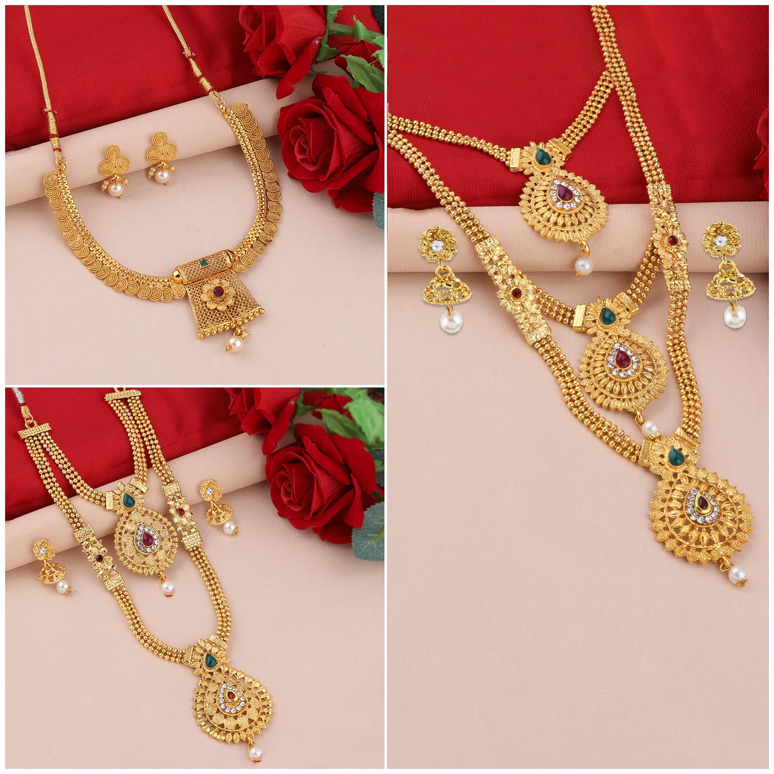 

SILVER SHINE Gold Plated Traditional Designer Long Set Combo For Women
