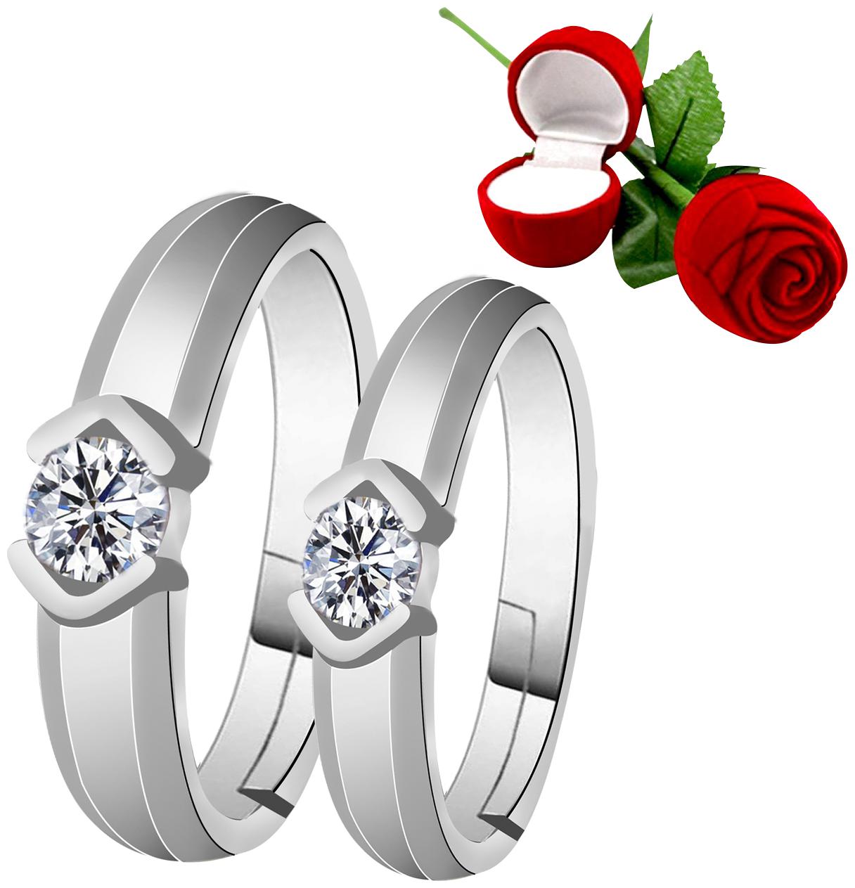 

Silver Shine Silver Plated Adjustable Couple Ring with Red Rose Gift Box for Men and Women