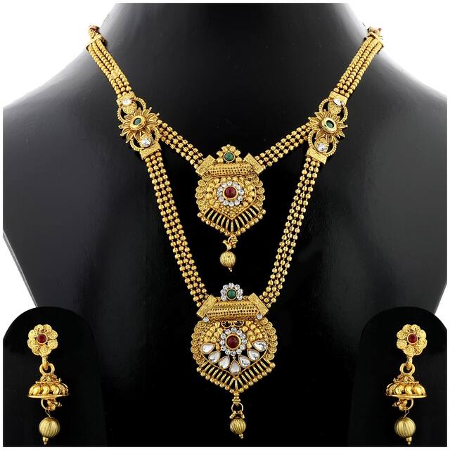 Silver Shine Gold Plated Long Set With Pearl And Two Layers Big Pandel  Red And Green Crystal with Daimond  Jewellery For  Women And Girls