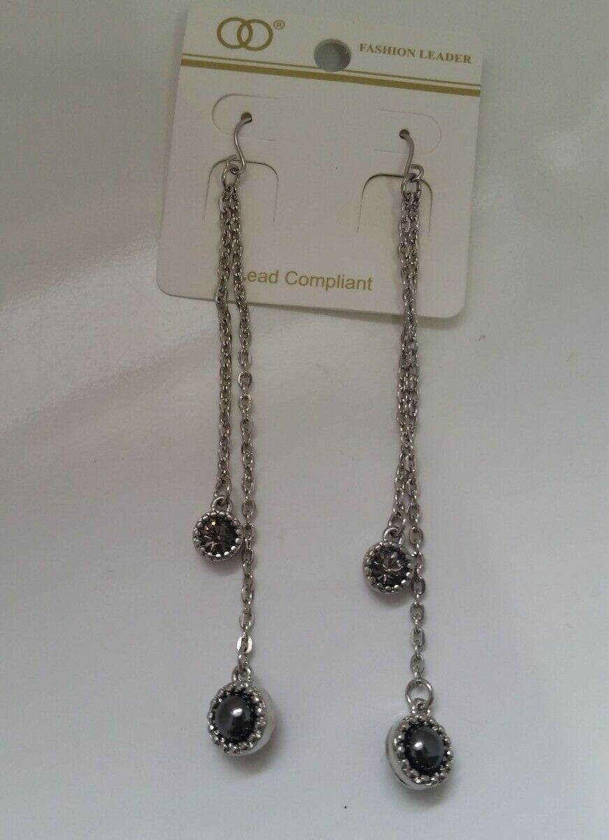 

Silver-tone long chain metal Drop Earrings Gray crystal bead pendants N4-10 22