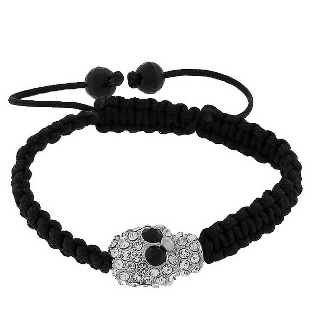 

Silver Tone Black White Crystals CZ Skull Beaded Adjustable Macrame Bracelet