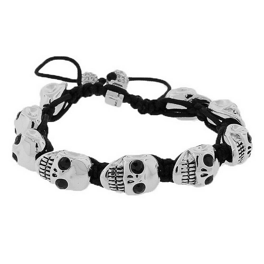 

Silver Tone Black and White Crystals Alloy Scull Macrame Beaded Mens Bracelet