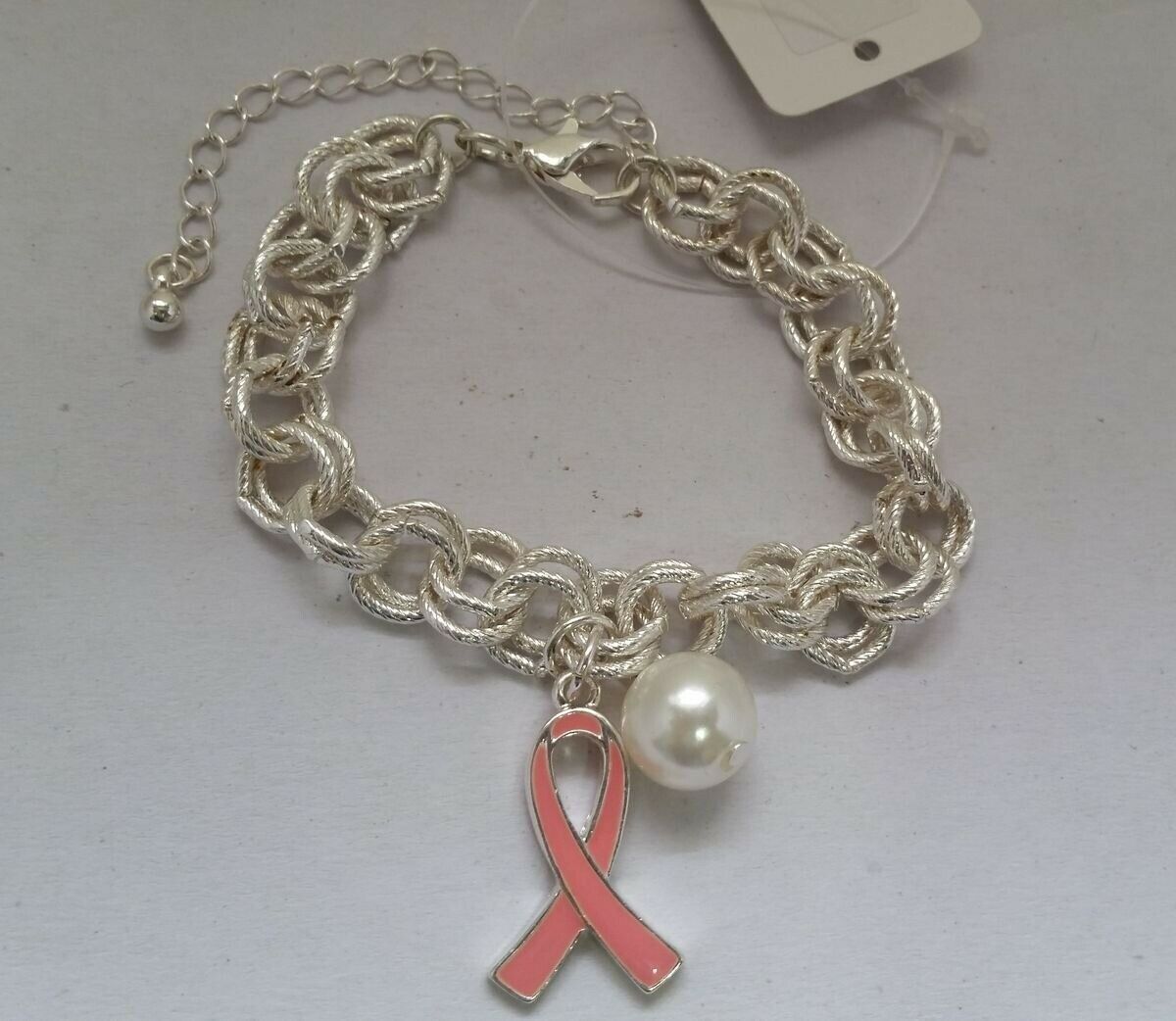 

Silver-tone Metal Shiny Link Chain Bracelet with Pink Ribbon Charm Z3A-4 22