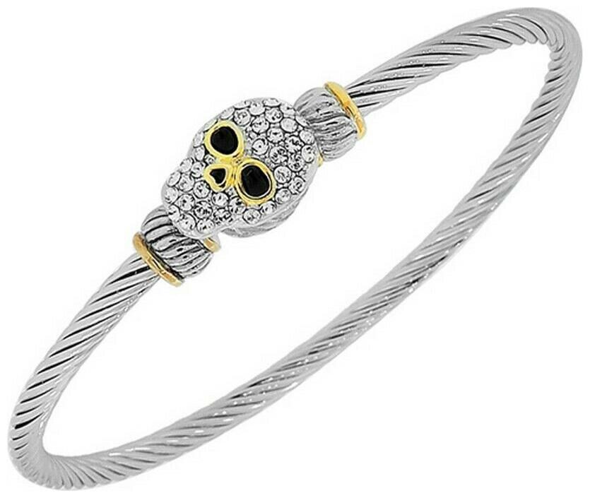 

Silver-Tone White Crystals CZ Twisted Cable Scull Womens Bangle Bracelet
