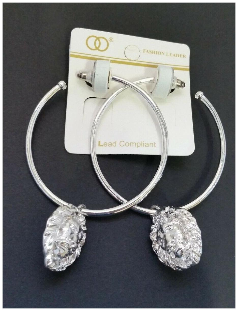 

Silver-tone metal Large Rings Earrings with Lion Head W1-1 22