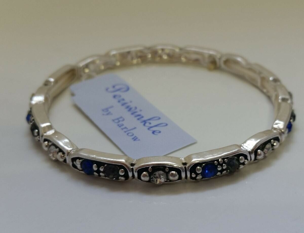 

Silver-tone Textured Filigree Stretch Bracelet Clear Blue crystals W5-2 22