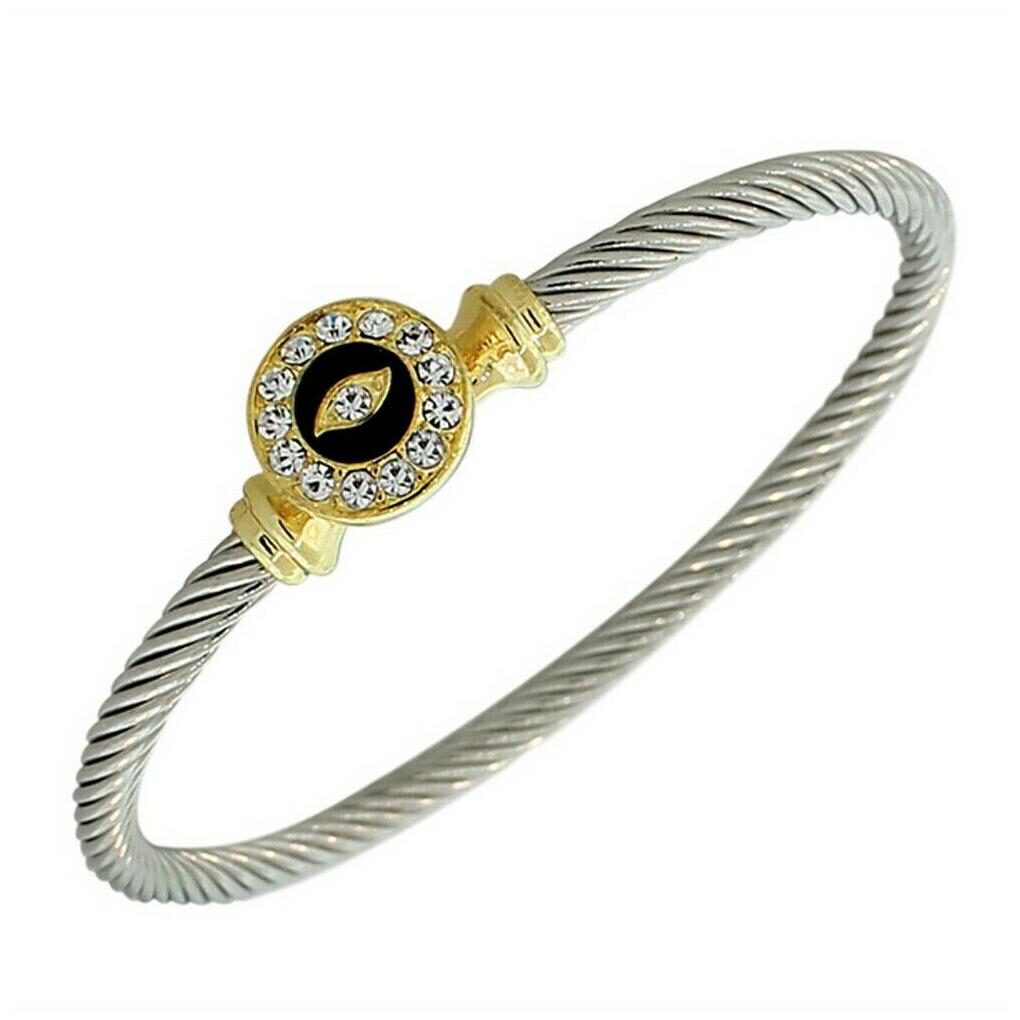 

Silver-Tone Black White Crystals CZ Twisted Cable Evil Eye Hamsa Bangle Bracelet