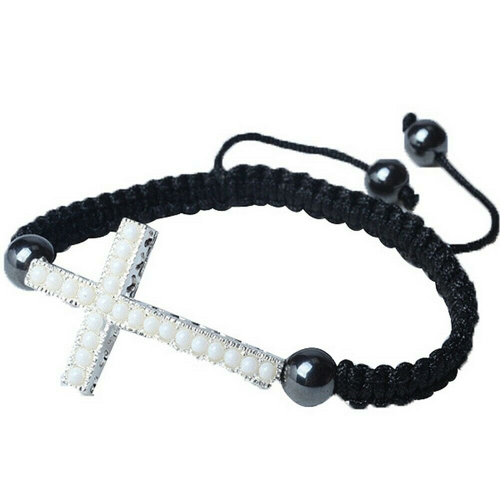 

Silver Tone Cross White Gem Stones Beaded Adjustable Macrame Unisex Bracelet