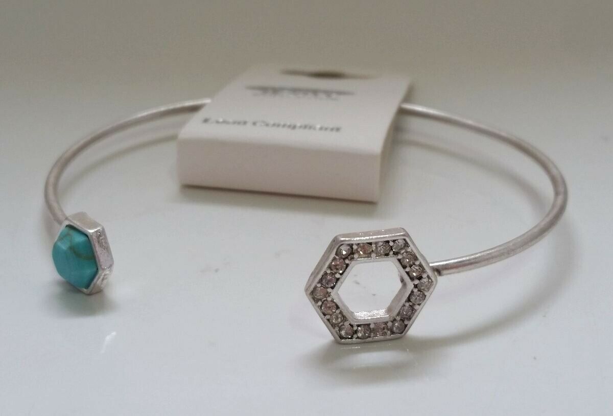 

Silver-tone Metal Open bangle Bracelet crystals Turquoise hexagons N22-3 22