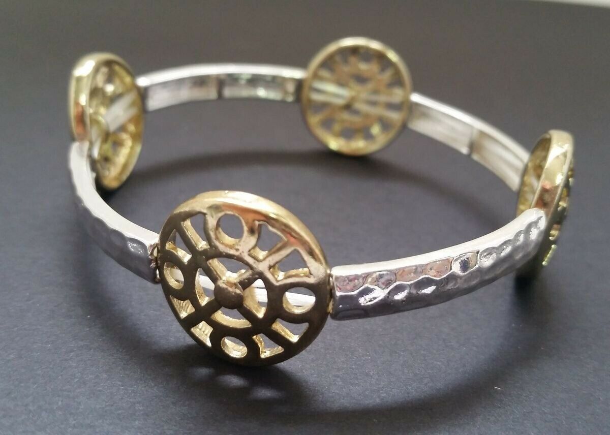 

Silver-tone Hammered metal Stretch Bracelet with Gold-tone medallions W2-1 22