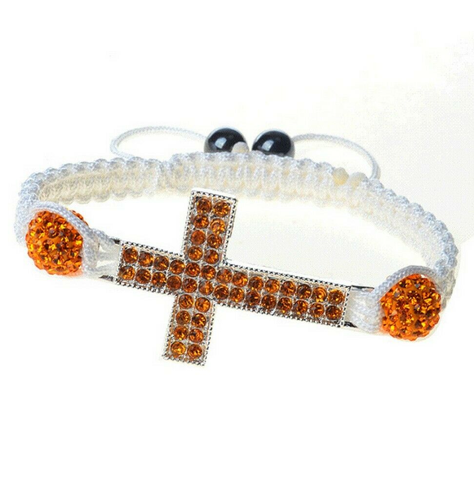 

Silver Tone Cross Orangle Crystals White Cord Macrame Beaded Adjustable Bracelet