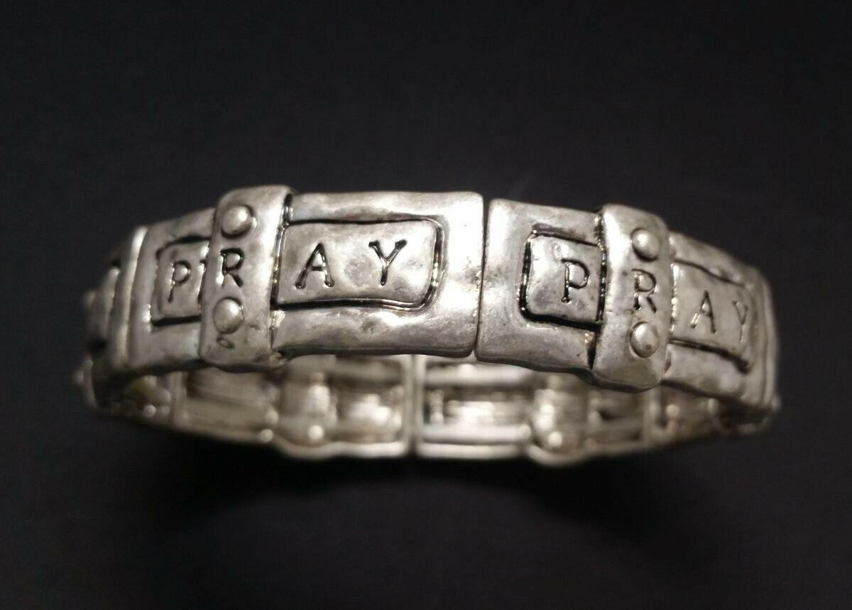 

Silver-tone hammered metal Stretch Bracelet engraved PRAY W9-7 22